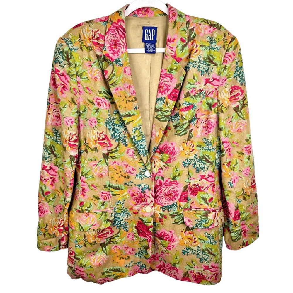 Vintage GAP Floral Linen Boyfriend Blazer Jacket Large 80s 90s